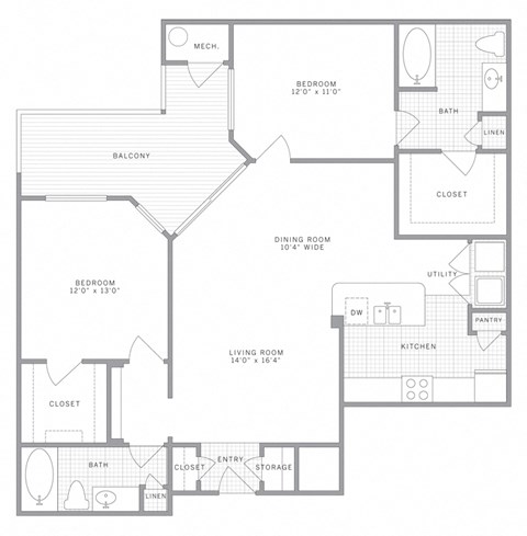 Floor plan for 2 beds, 2 baths, 1240 sqft